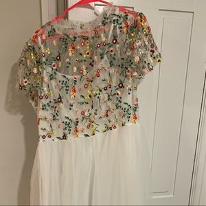 SHEIN plus frilled neck floral embroidered mesh overlay dress